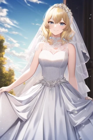 ミディアムヘア, 女性, 笑う, 空, 傑作, ウェディングドレス, ドレス